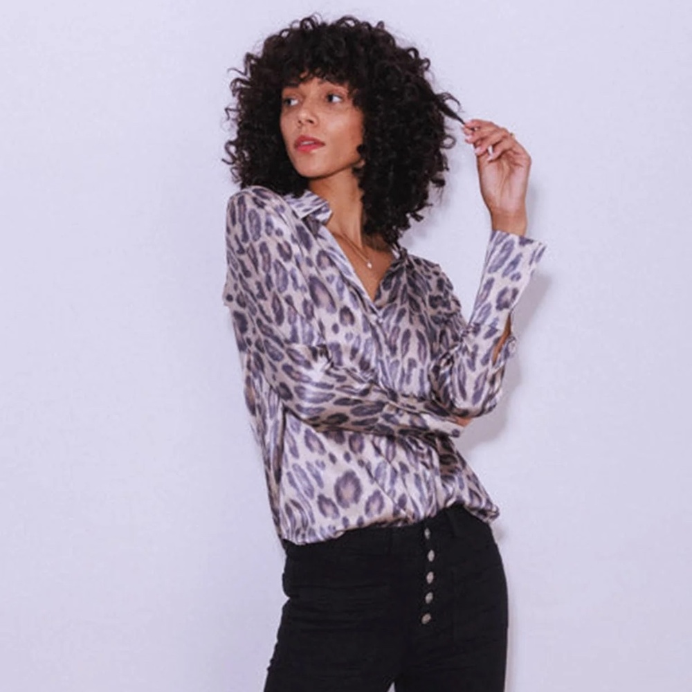 NWT Catherine Gee Daria French Cuff Silk Blouse - New Leopard | Size Large - Picture 2 of 11